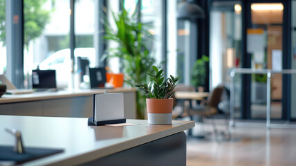 Modern office reception desk with plant in orange pot and nameplate, blurred background