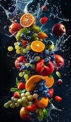 A dynamic display of fresh fruits cascading with water splashes, symbolizing freshness and natural vitality