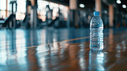 Water bottle on floor in blurred gym setting - obrazy, fototapety, plakaty