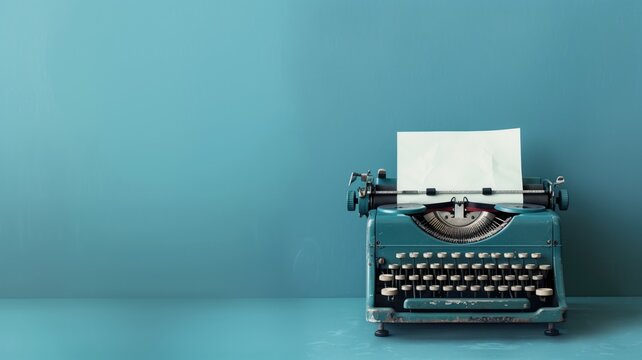 Vintage blue typewriter with blank sheet of paper on matching background