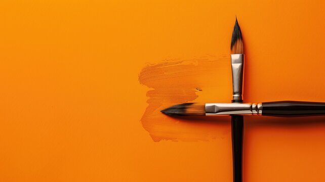 Two paintbrushes with bristles facing different directions on orange background stroke of paint linking them