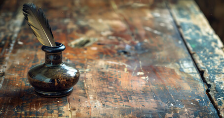Obraz na płótnie Canvas Antique quill pen rests in inkwell on worn wooden desk with visible paint smudges