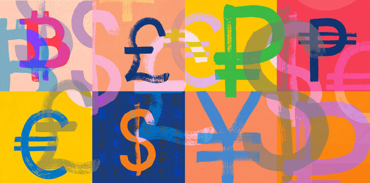 Different Currencies in Painterly Brushstroke Colors and Textures
