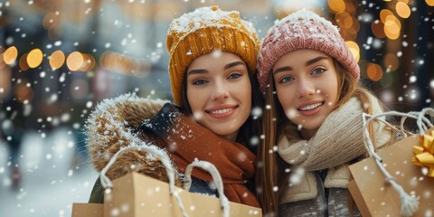 Two Women Holding Shopping Bags in the Snow