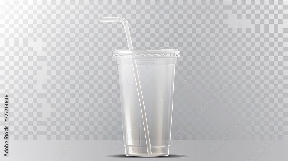 Poster vector realistic 3d empty clear plastic disposable cup with a straw closeup isolated on transparency