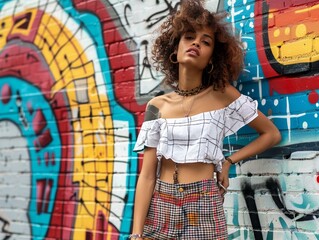 Chic urban street style, trendy outfits and graffiti background, youthful energy
