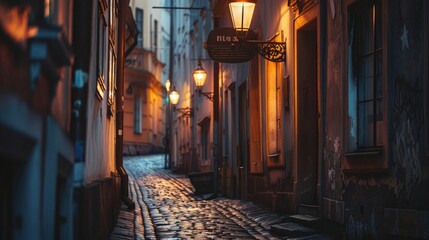 A narrow alley in an old town lit by vintage lamps at dusk, cobblestone pavements reflecting the soft glow, creating an atmosphere of mystery and nostalgia, emphasizing the intimate scale