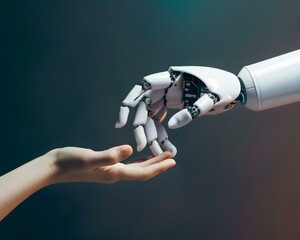 Robot hand and human hand touching, AI harmony and future of work