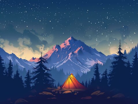 Majestic mountains under starry night sky, perfect for camping and adventure ads