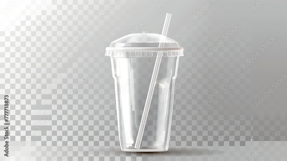 Poster vector realistic 3d empty clear plastic disposable cup with a straw closeup isolated on transparency