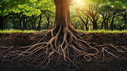 dream where vast network of roots underground, connecting trees of different kinds, representing the unseen connections that bind us all