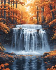 Autumn waterfall in forest, seasonal beauty, cascading water, nature scene,  wallpaper, nature background 