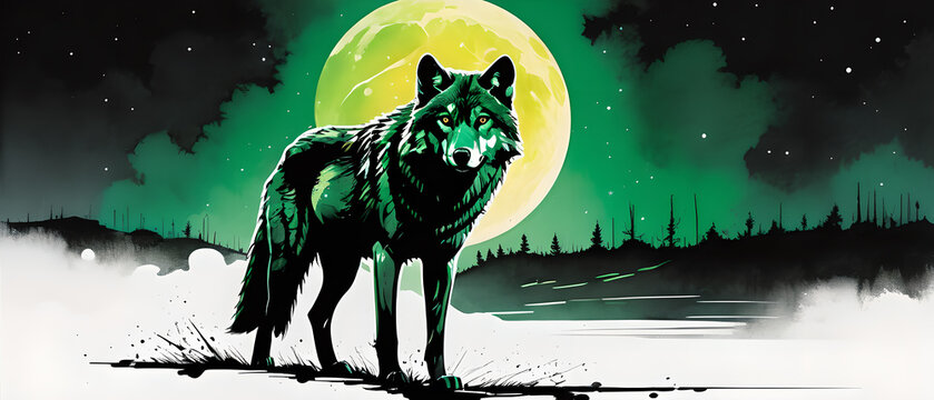 Magic wolf with full green eyes. A werewolf howling at the moon. Horror animal - wolf.