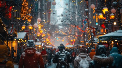 City Escapades: Showcase bustling city streets with holiday shoppers, street performers, and festive decorations, capturing urban holiday vibes