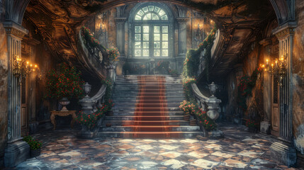 Cinematic style antique luxury hall Made of stone decorated with torches and arches. Stairs leading up to the balcony outside. 3D render illustration.