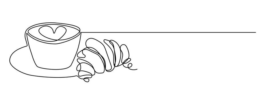 One continuous line drawing of coffee cup and French croissant on transparent background. Minimalist line art design for cafe or restaurant menu, web banner. Editable stroke. Vector Illustration 
