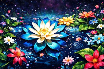 Beautiful array of colorful flowers gracefully floating in serene water, creating tranquil, visually striking scene. For interior design, decoration, art, advertising, web design, illustration book.