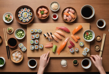 bird's eye view of wooden countertop with sushi making materials and ingredients scattered around perimeter of image
