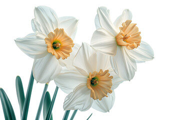 Graceful daffodil blooms isolated on a white background, perfect for spring-themed designs or botanical illustrations.