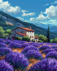 Blooming lavender field with farmhouse, agricultural beauty, rural setting, fragrant crops. wallpaper, nature background 