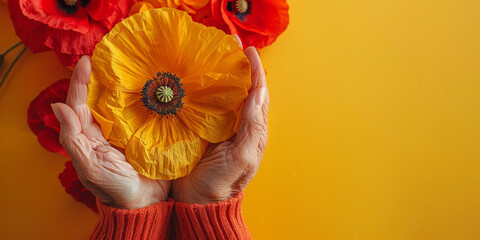 Vibrant poppy flower in hands close-up with space for a signature concept. Female, caring, and healthy concepts.