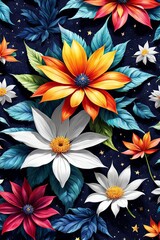 Vibrant colorful flowers set against dark background. For meditation apps, on covers of books about spiritual growth, in designs for yoga studios, spa salons, illustration for articles on inner peace.