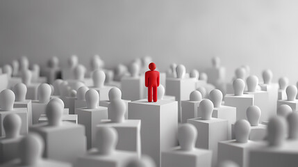 Obraz premium 3d rendering of one red 3d man in the middle of many white ones, standing on square cube box talking to group of people looking at him isolated on clear white background