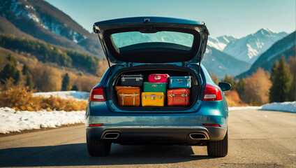 Car with open trunk, suitcases on the road winter