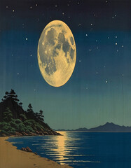 Fototapeta na wymiar Lunar Reflections on Tranquil Waters ,An Ukiyo-e Inspired Beach Scene