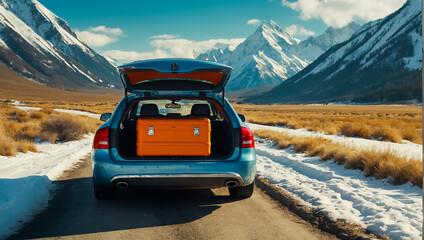 Naklejka premium Car with open trunk, suitcases on the road winter travel