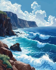 Coastal rocks with waves crashing, sea power, natural force, rugged coast. wallpaper, nature background 