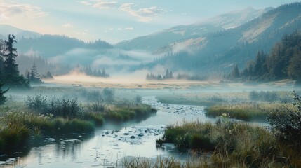 A peaceful morning scene in a mountain valley, the fog lifting to reveal dew-covered meadows and a meandering stream, the first light of day painting the peaks in soft hues, a depiction of quietude