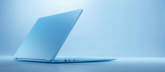 A side view of an open laptop with a light blue body, against a soft blue background, copy space for text