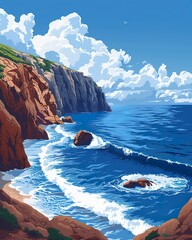 Coastal rocks with waves crashing, sea power, natural force, rugged coast. wallpaper, nature background 