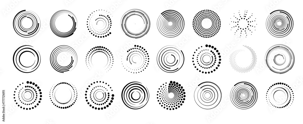 Wall mural halftone circular dotted frames set. set of black thick halftone dotted speed lines. speed lines in 