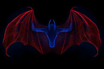 Red and blue neon vampire fangs and cape isotated on black background. - obrazy, fototapety, plakaty