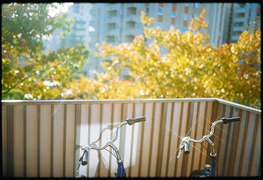 bikes on the balcony on a sunny autumn day