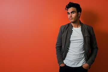Fototapeta premium Confident Man in Jacket Against Orange Background. Generative AI.