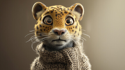 Whimsical Leopard in Knitwear: High-Detail Digital Portrait