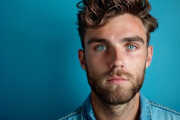 Intense Blue-eyed Man with Beard on Blue Background. Generative AI. - Powered by Adobe