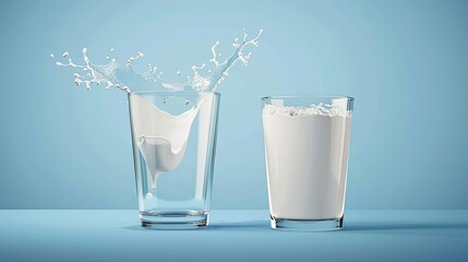 Vector illustration featuring transparent realistic glasses suitable for pouring milk splash, including full and empty glasses, presented on a blue background.