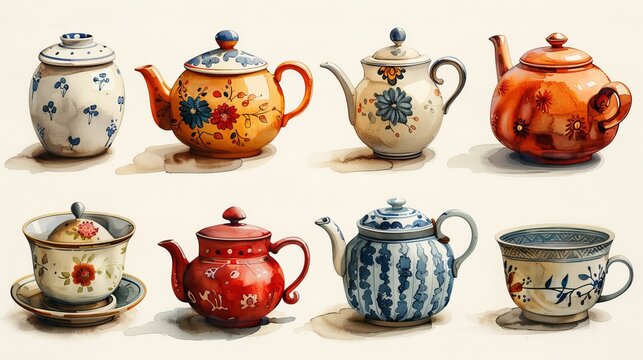 Vector illustration featuring tea pots and tea cups.