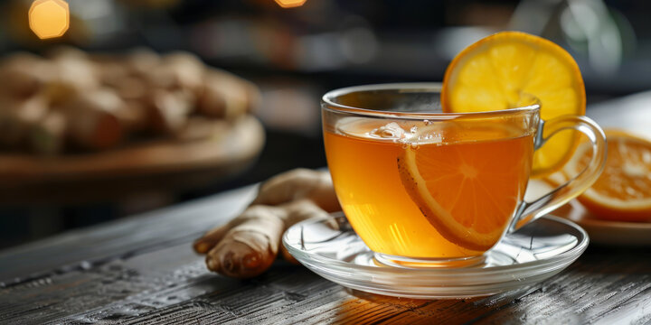 una tazza di vetro di t&egrave; allo zenzero e arancia  su un tavolo di legno, sfondo sfocato e spazio per testo