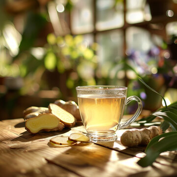 una tazza di vetro di tè allo zenzero su un tavolo di legno, sfondo sfocato e spazio per testo