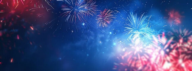 Red, white and blue fireworks in the night sky, blue background, banner design Generative AI - obrazy, fototapety, plakaty