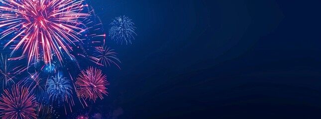 Fireworks in the night sky, Red white and blue colors on dark background, panoramic banner with copy space area for text or design Generative AI - obrazy, fototapety, plakaty