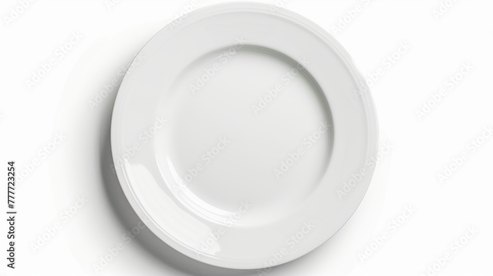 Poster view from above of an empty plate on a white background.