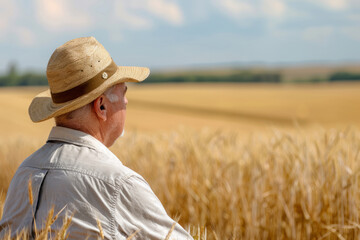 Naklejka na ściany i meble Farmer observing wheat field. Agriculture and business concept. Generative AI
