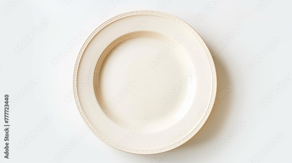 Poster view from above of an empty plate on a white background.