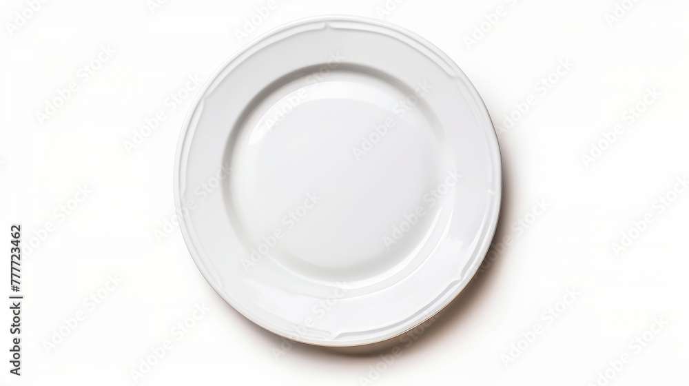 Poster view from above of an empty plate on a white background.
